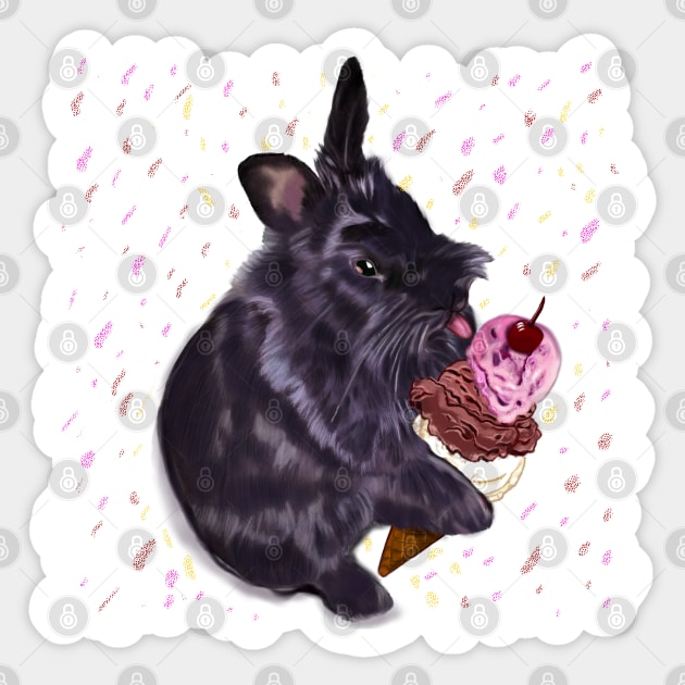 bunny rabbit sprinkles! cute  ebony colored coloured lionhead bunny rabbit  licking a three scoop icecream Sticker by Artonmytee